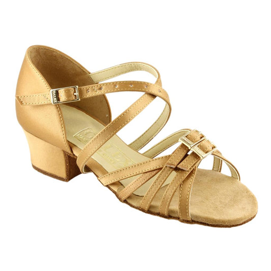 Latin Dance Shoes for Girls, Model 3010 Leron, Tan Satin, Block Heel